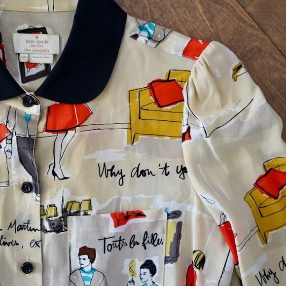 KATE SPADE PRINTED 100% SILK BLOUSE WOMENS SIZE 00 - Picture 3 of 9